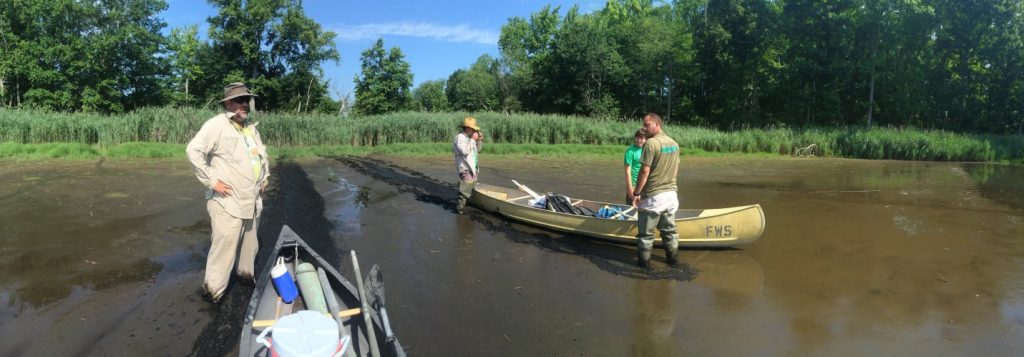 Sometimes sites are not easily accessible. The field crew gears up to canoe to a hard to reach site. 